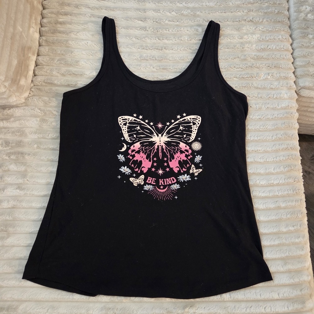 No Boundaries Butterfly Tank Size XL 15-17 Girls Shirt Be Kind Black Tee